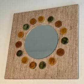 French Mid-Century Raffia and Ceramic Roundel Mirror