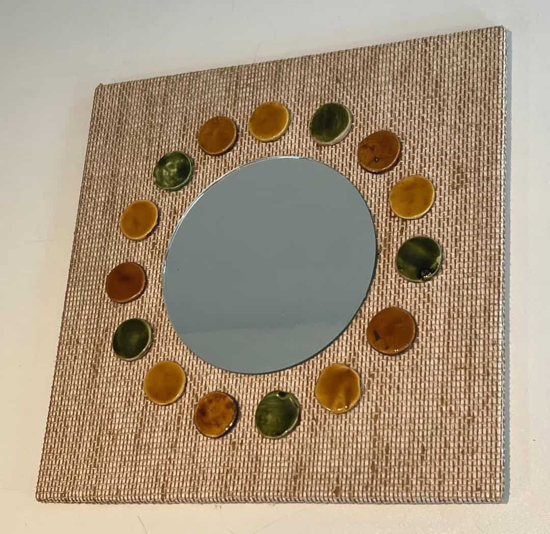 French Mid-Century Raffia and Ceramic Roundel Mirror - Alt View - Styylish