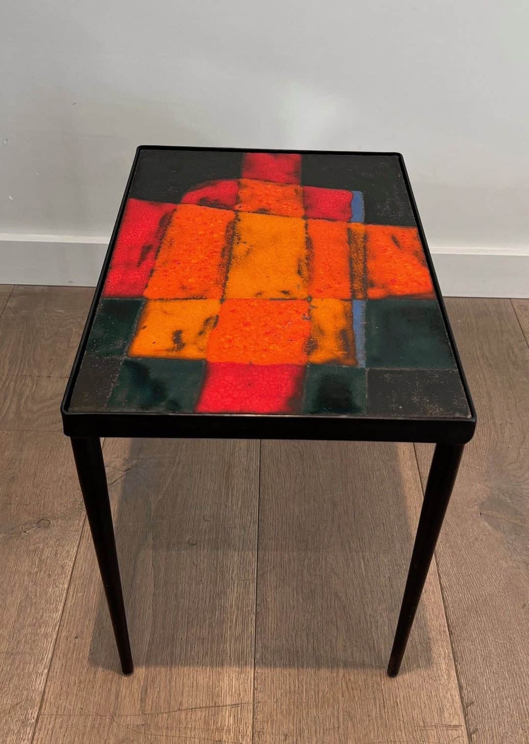 French Mid-Century Hand-Painted Ceramic Tile Side Table - Side View - Styylish