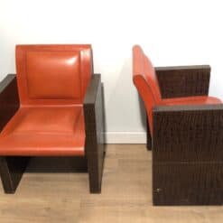 Set of Three French 1970s Brown and Orange Leather Armchairs - Pair Front and Side View - Styylish