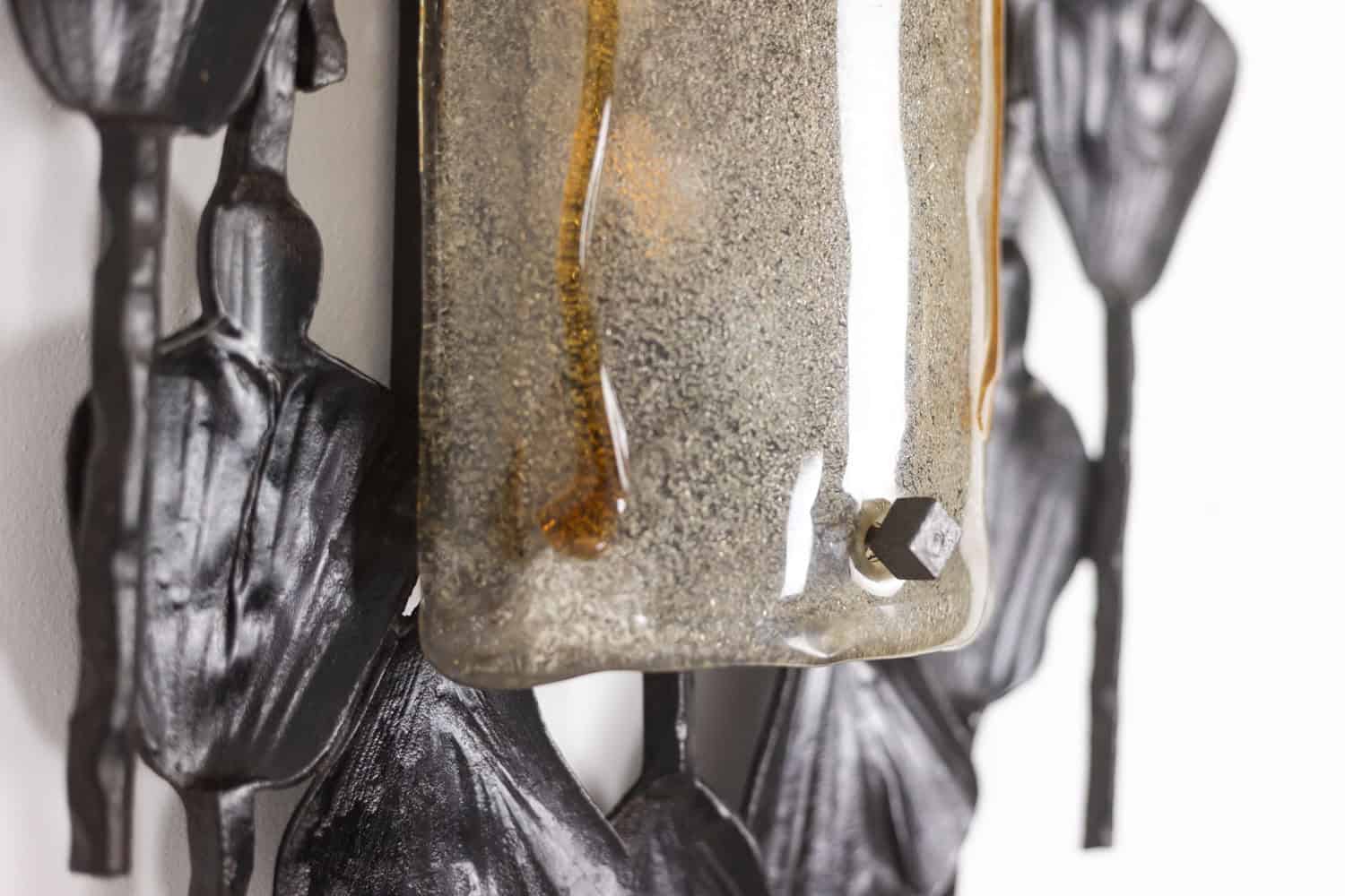 Mazzega Brutalist Cast Glass and Wrought Iron Wall Sconces - Front Detail - Styylish