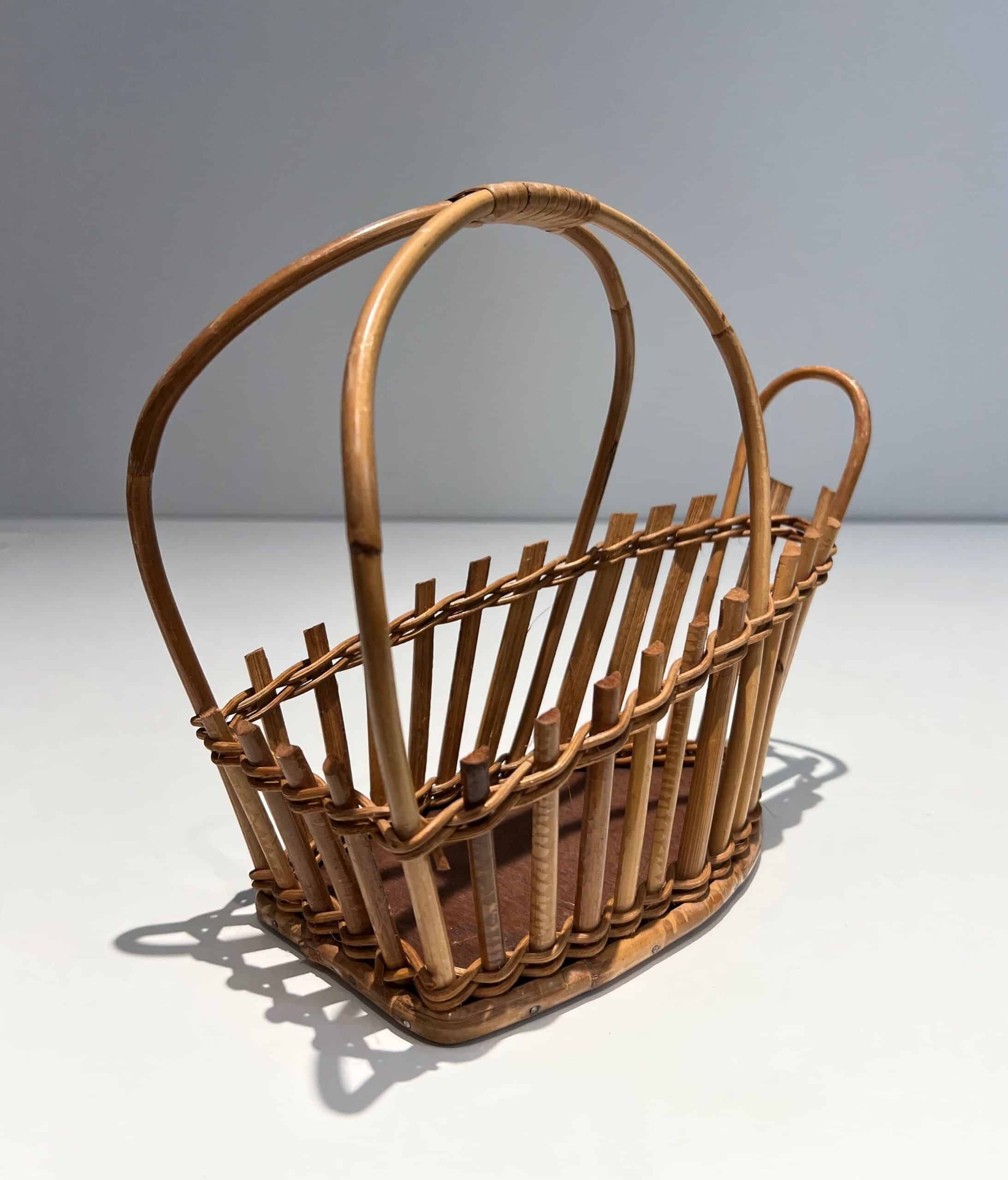 French 1970s Rattan Bottle Holder - Rear Angled View - Styylish