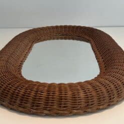 French Mid-Century Oval Rattan Mirror - Image 4