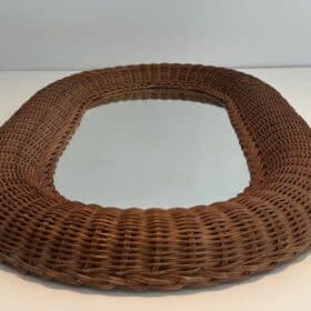 French Mid-Century Oval Rattan Mirror