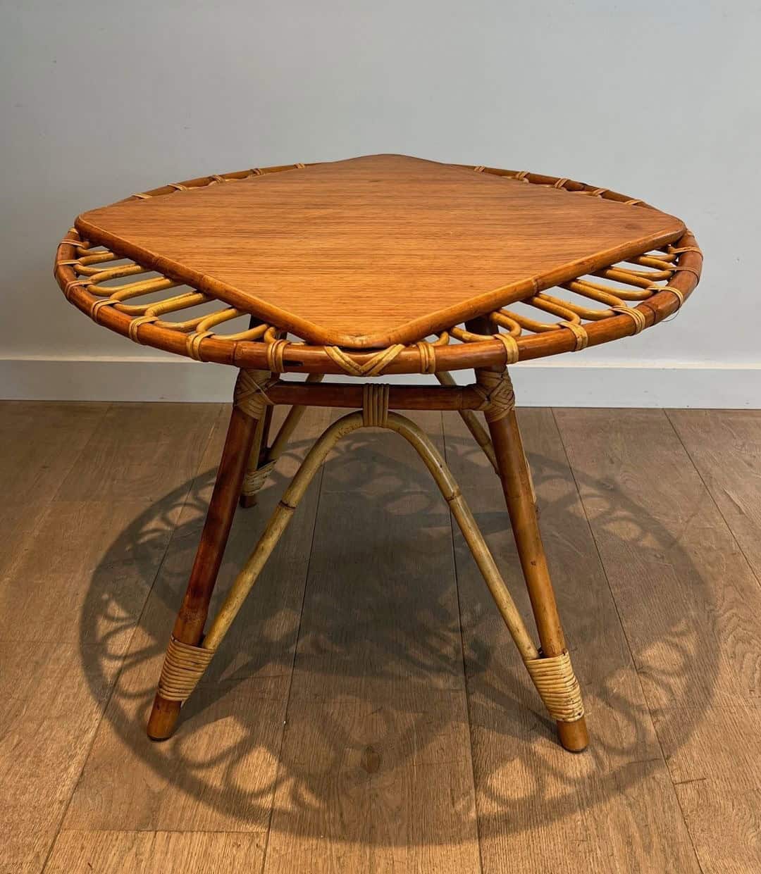 French Mid-Century Trampoline Rattan Coffee Table - Image 4