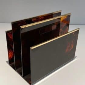 French 1970s Faux Tortoiseshell Plexiglass and Brass Magazine Rack