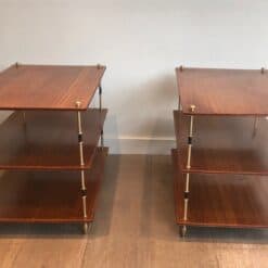 Maison Jansen Mahogany and Brass Three-Tier Side Tables - Pair Side View - Styylish