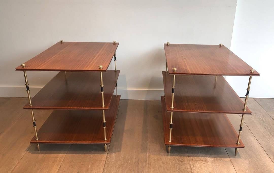 Maison Jansen Mahogany and Brass Three-Tier Side Tables - Pair Side View - Styylish