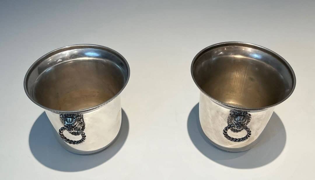 Pair of French Silver-Plated Champagne Buckets with Lion Masks - Top Pair View - Styylish