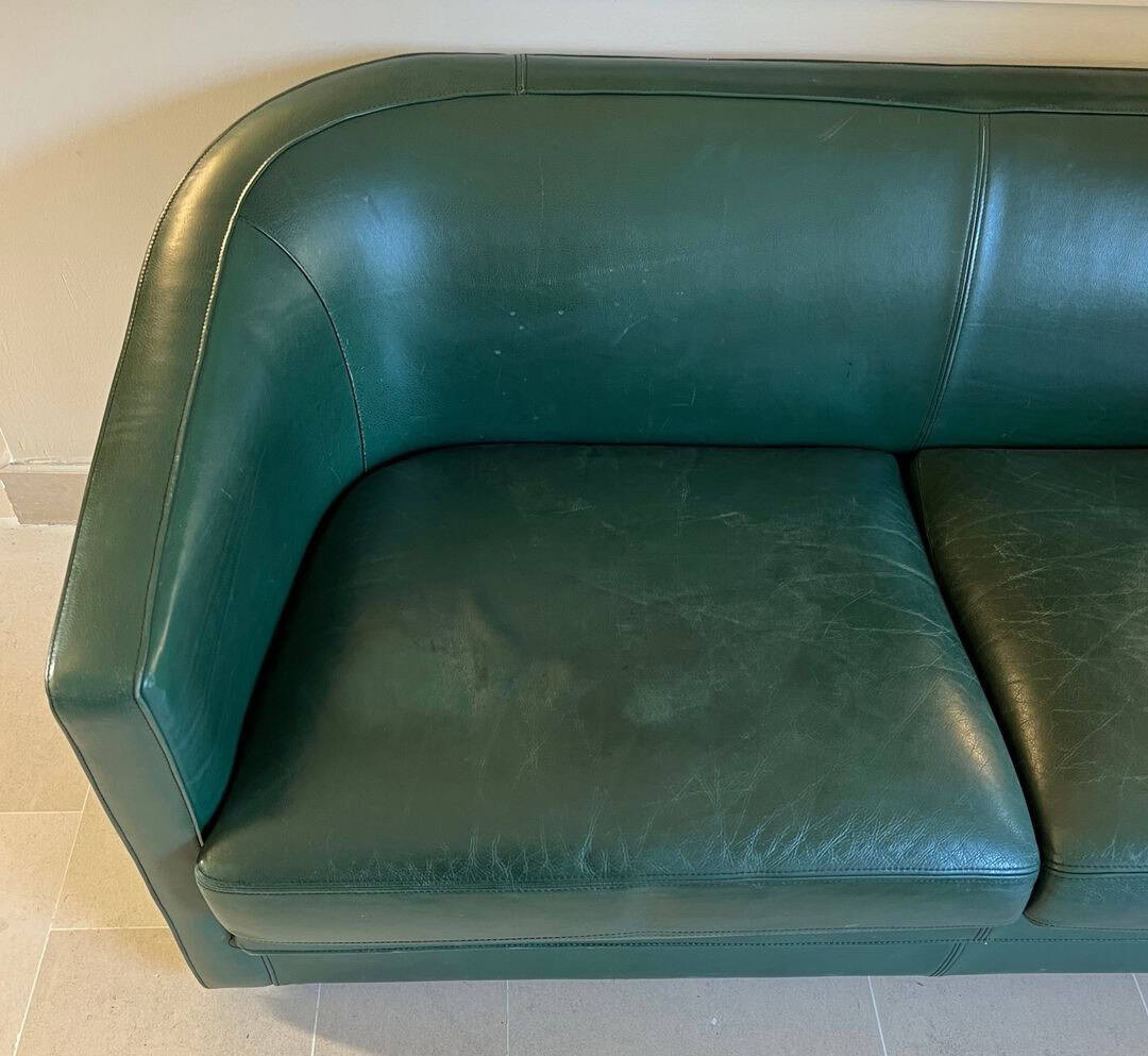 French Art Deco Revival Dark Green Leather Sofa - Image 4