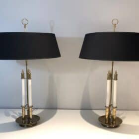 Pair of French Adjustable Table Lamps, Brass White Lacquer, Circa 1940