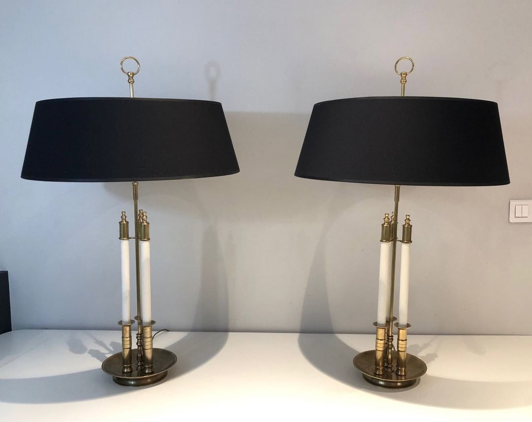 Pair of French Adjustable Table Lamps, Brass White Lacquer, Circa 1940 - Image 4