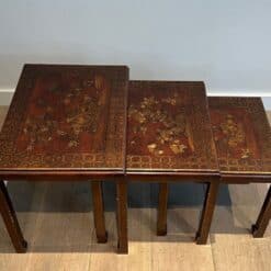 Set of Three Lacquered Nesting Tables with Chinoiserie Decoration, France circa 1940 - Image 4