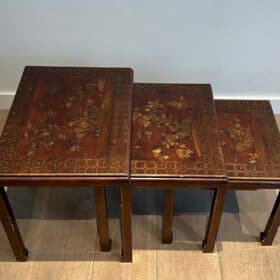 Set of Three Lacquered Nesting Tables with Chinoiserie Decoration, France circa 1940