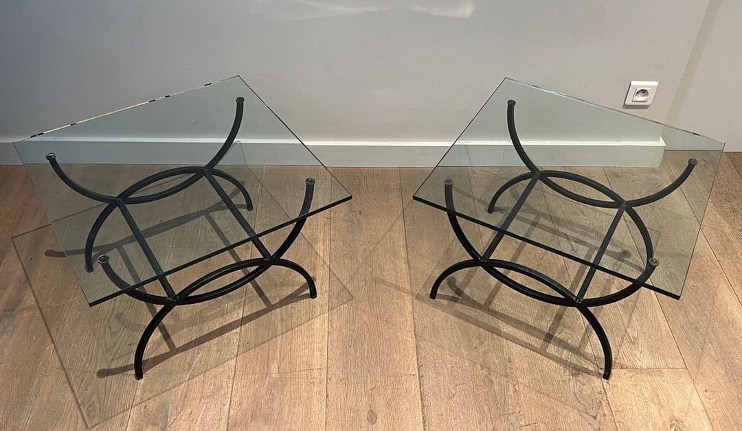 French Mid-Century Black Iron and Glass Side Tables - Image 4