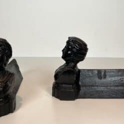 French Figural Cast Iron Andirons - Front and Side Pair View - Styylish