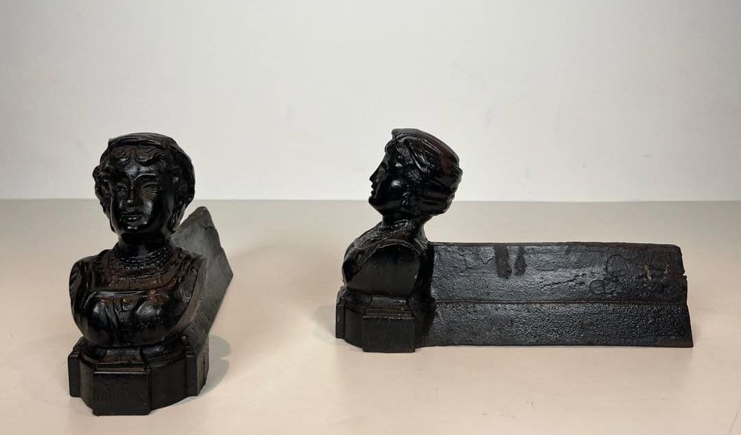 French Figural Cast Iron Andirons - Front and Side Pair View - Styylish