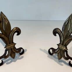 French Fleur-de-Lys Bronze Andirons - Top Angled Pair View - Styylish