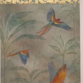 Monumental Hand-Painted Tropical Canvas with Parrots, Contemporary French Artist
