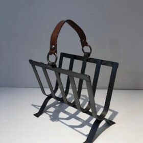 Jacques Adnet Style Leather and Steel Magazine Rack
