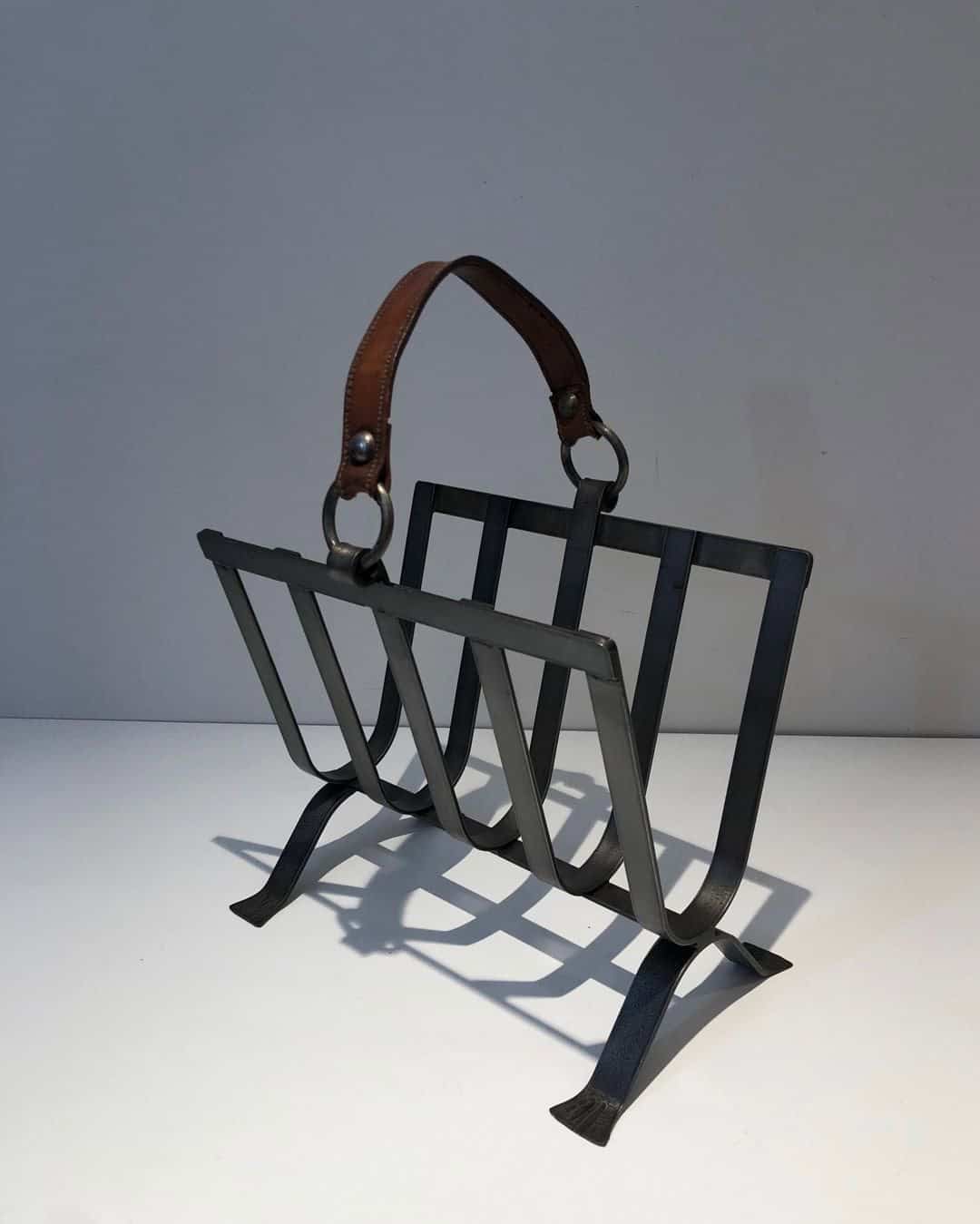 Jacques Adnet Style Leather and Steel Magazine Rack - Image 5
