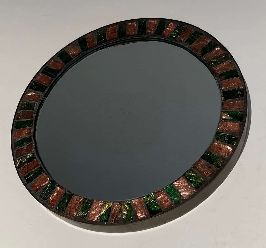 French Mid-Century Ceramic and Brass Round Mirror - Low Angled View - Styylish