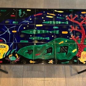 French Ceramic and Iron Coffee Table, circa 1950, in the Style of Jacques Adnet