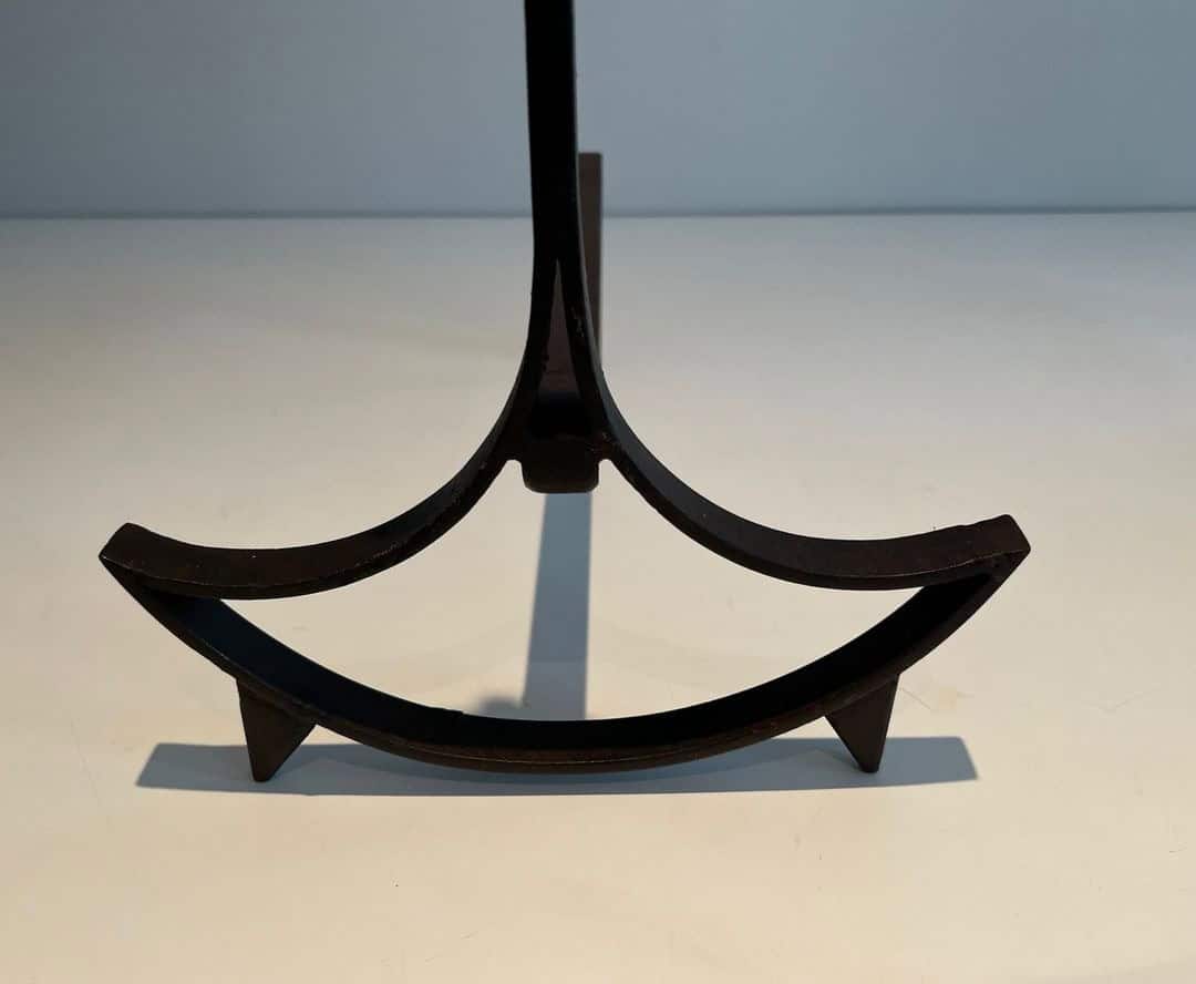 French 1940s Blackened Wrought Iron Andirons - Front Detail - Styylish