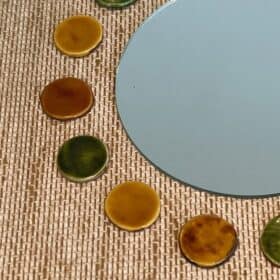 French Mid-Century Raffia and Ceramic Roundel Mirror