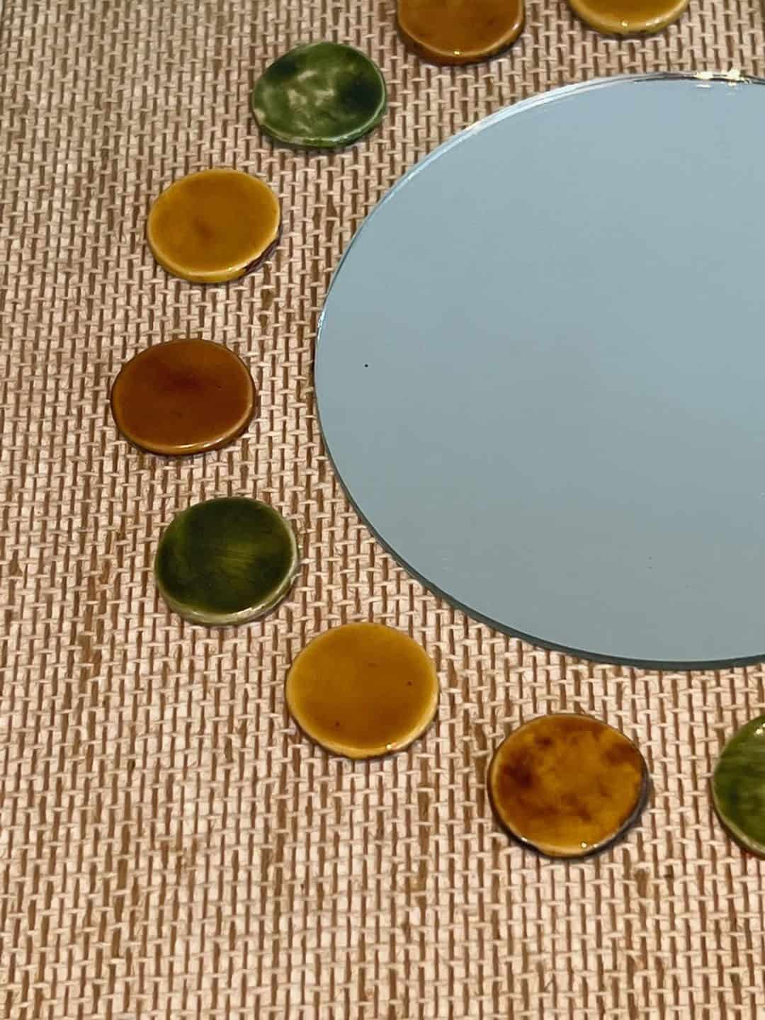 French Mid-Century Raffia and Ceramic Roundel Mirror - Roundel Detail - Styylish