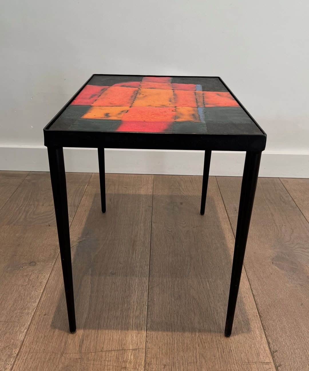 French Mid-Century Hand-Painted Ceramic Tile Side Table - Low Side View - Styylish