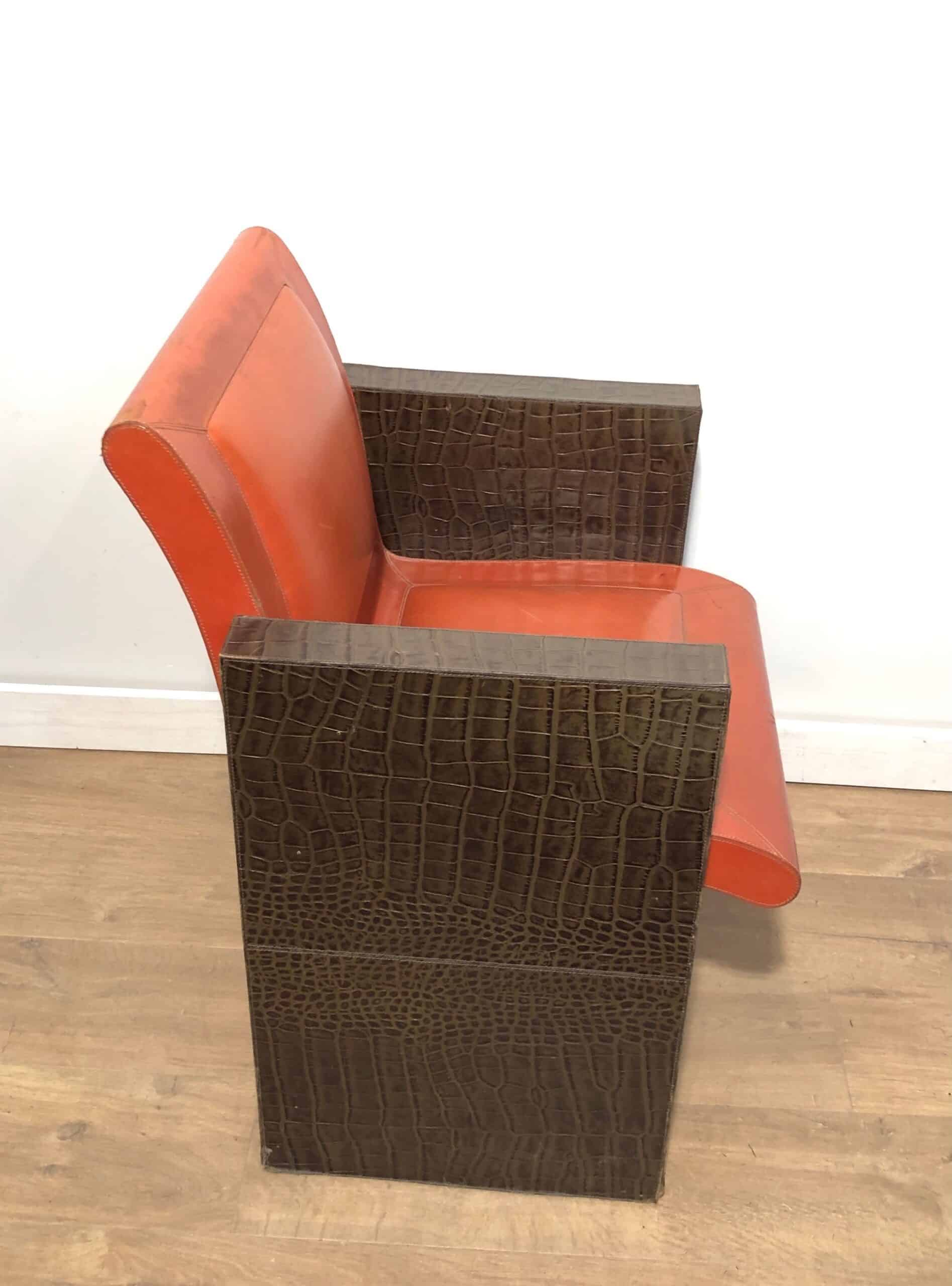 Pair of French 1970s Brown and Orange Leather Armchairs - Single Side View - Styylish