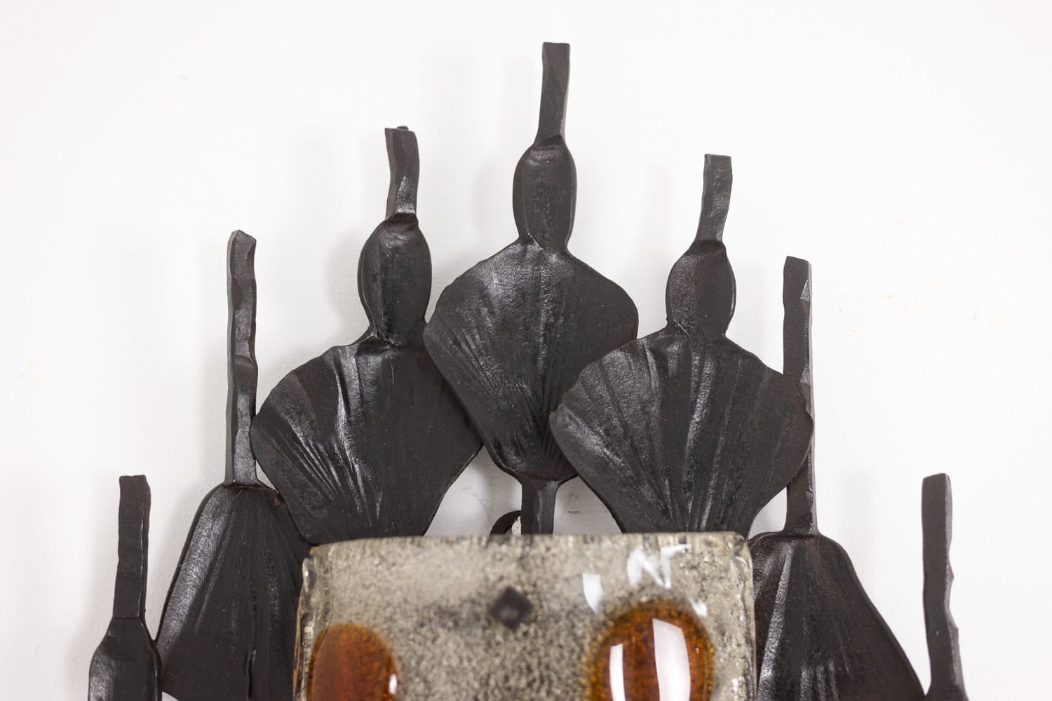 Mazzega Brutalist Cast Glass and Wrought Iron Wall Sconces - Top Detail - Styylish