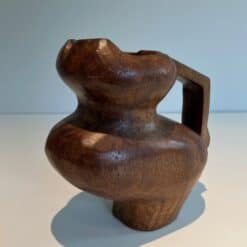 French Post-War Brutalist Carved Wood Pitcher - Front View - Styylish