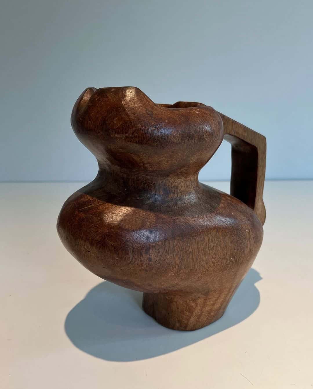 French Post-War Brutalist Carved Wood Pitcher - Front View - Styylish