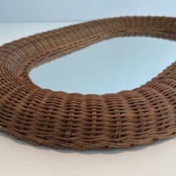French Mid-Century Oval Rattan Mirror - Image 5