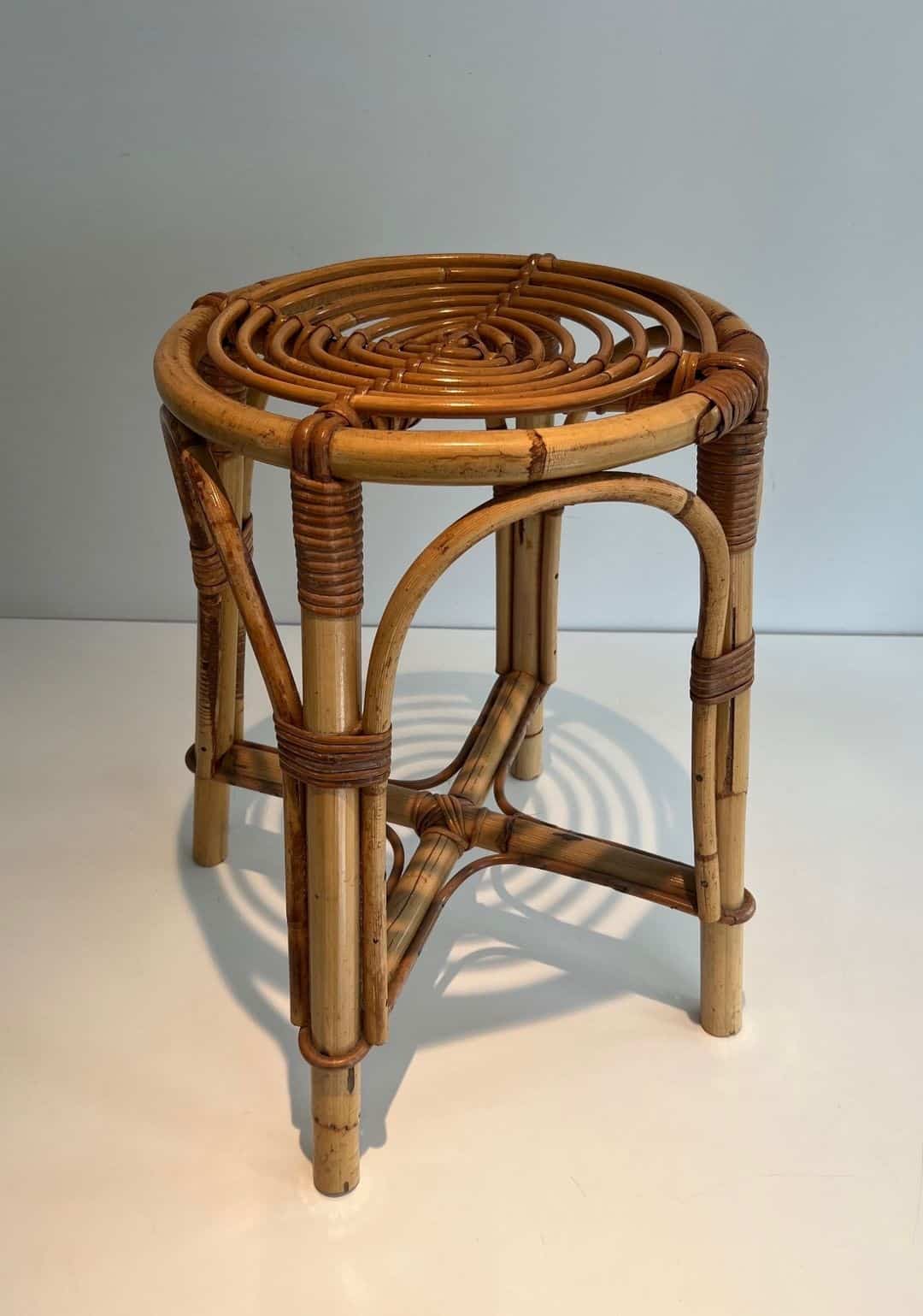 French 1940s–1950s Rattan Drum Stool - Image 5
