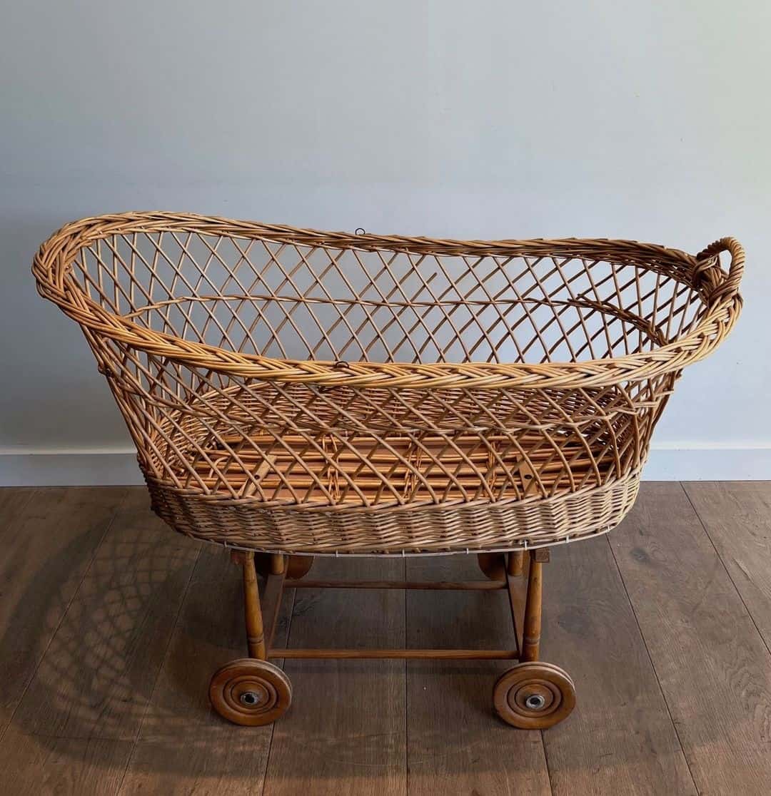 French 1940s Vintage Rattan Baby Cradle - Image 5