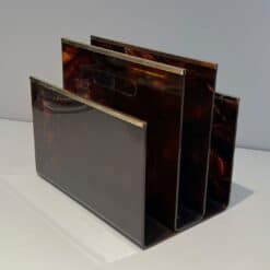 French 1970s Faux Tortoiseshell Plexiglass and Brass Magazine Rack - Image 5