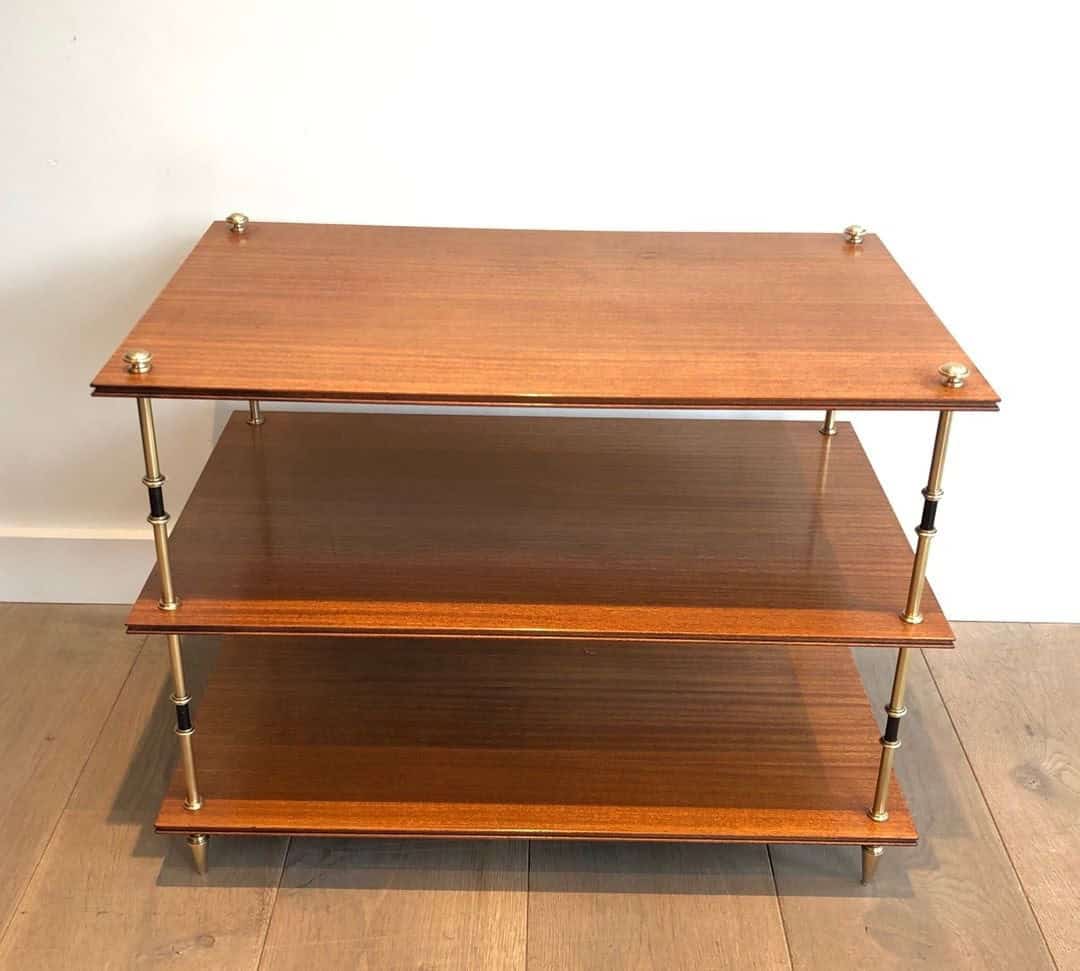 Maison Jansen Mahogany and Brass Three-Tier Side Tables - Single Front View - Styylish