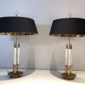 Pair of French Adjustable Table Lamps, Brass White Lacquer, Circa 1940