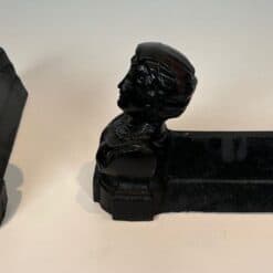 French Figural Cast Iron Andirons - Front Top and Side Pair View - Styylish