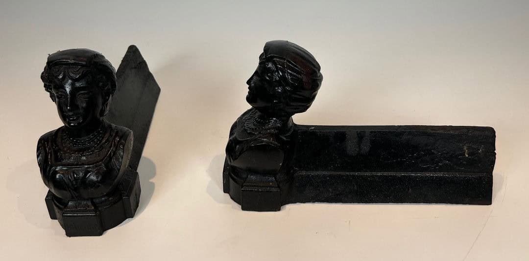 French Figural Cast Iron Andirons - Front Top and Side Pair View - Styylish