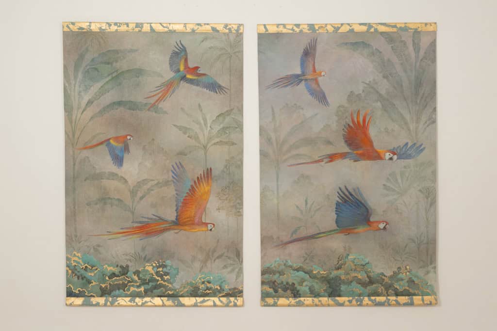 Contemporary French Hand-Painted Parrot Canvas - View of Pair- Styylish