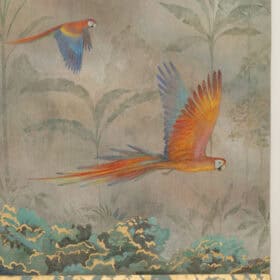Monumental Hand-Painted Tropical Canvas with Parrots, Contemporary French Artist