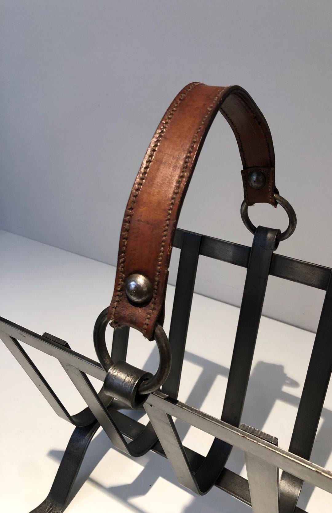 Jacques Adnet Style Leather and Steel Magazine Rack - Image 6