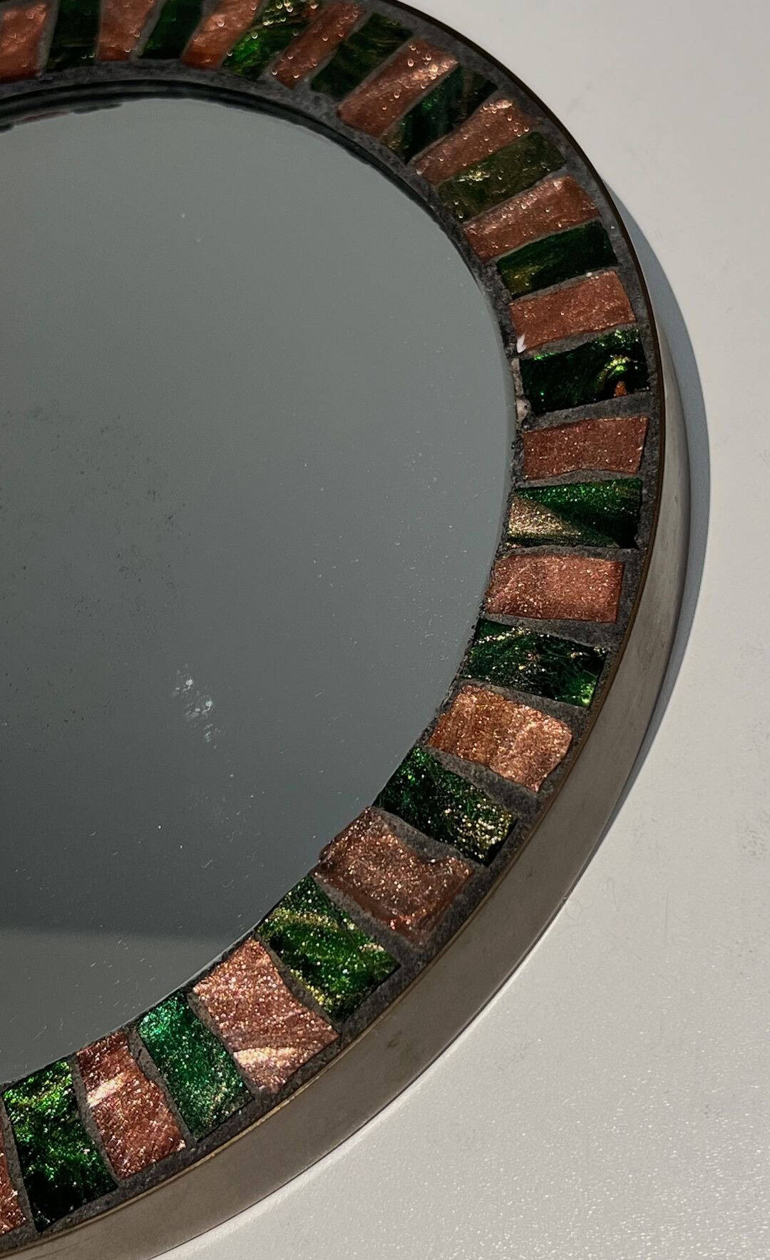 French Mid-Century Ceramic and Brass Round Mirror - Edge Detail - Styylish