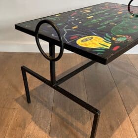 French Ceramic and Iron Coffee Table, circa 1950, in the Style of Jacques Adnet