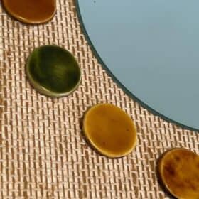 French Mid-Century Raffia and Ceramic Roundel Mirror