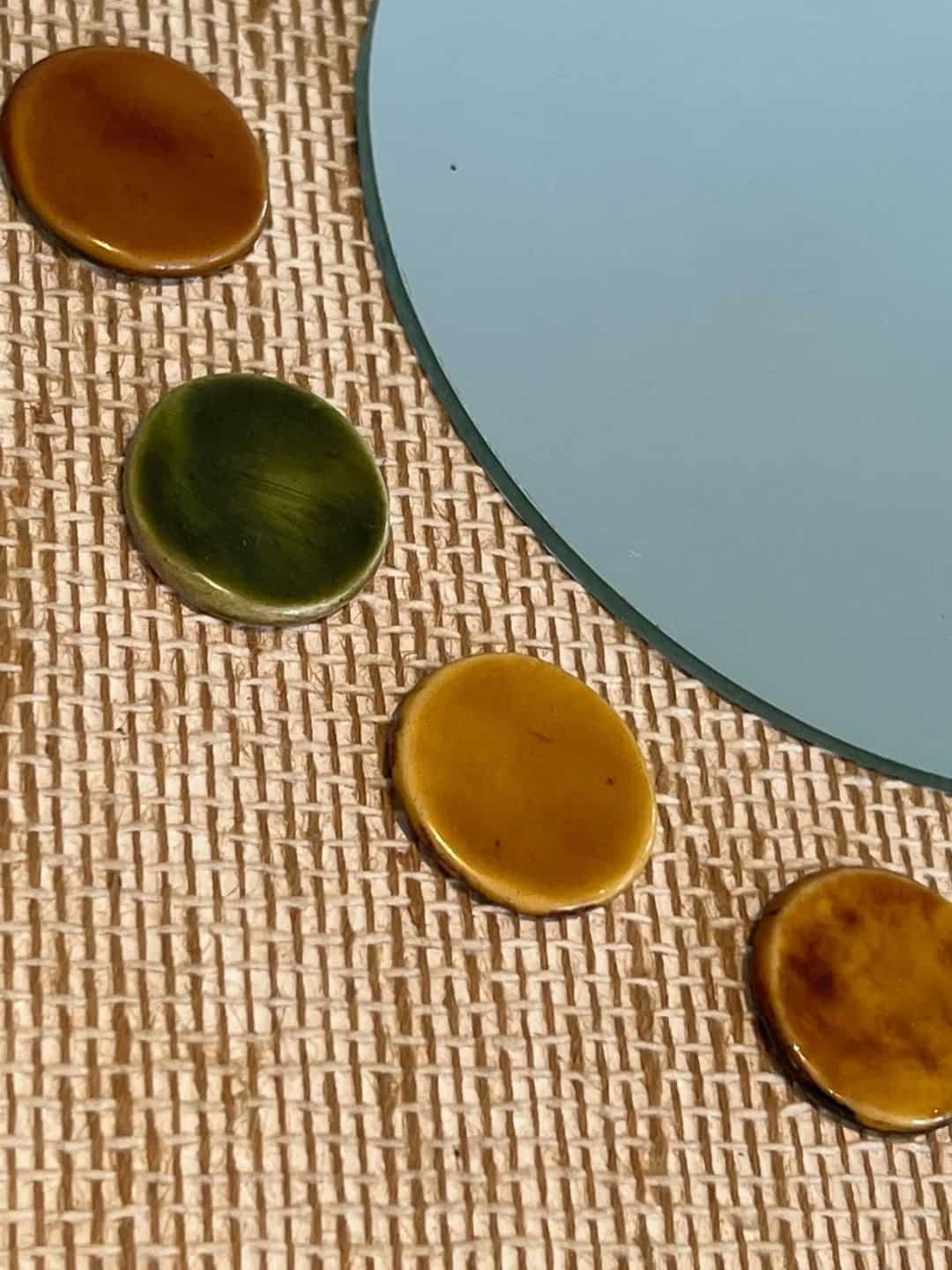 French Mid-Century Raffia and Ceramic Roundel Mirror - Roundel Detail Two - Styylish